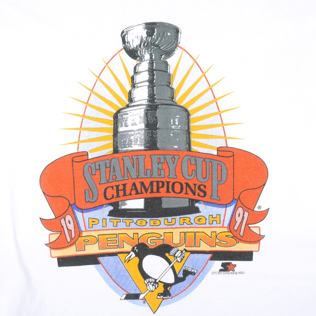 NHL (Hanes) - Pittsburgh Penguins Champs Single Stitch T-Shirt 1991 Large Vintage Retro Hockey