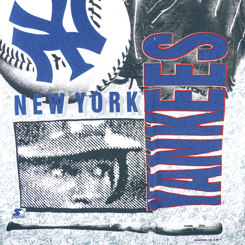 Starter - New York Yankees All Over Print T-Shirt 1990s Large Vintage Retro Baseball