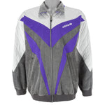 Adidas - Grey with Purple & White Geometric Track Jacket 1990s Large