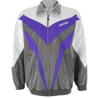 Adidas - Grey with Purple & White Geometric Track Jacket 1990s Large
