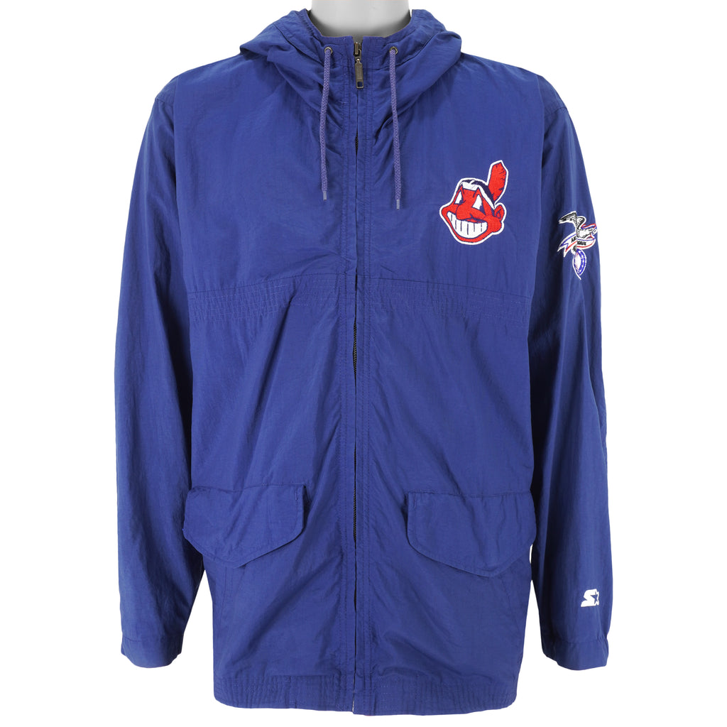 Starter - Cleveland Indians Zip-Up Hooded Windbreaker 1990s Medium Vintage Retro Baseball