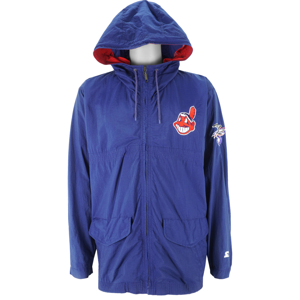 Starter - Cleveland Indians Zip-Up Hooded Windbreaker 1990s Medium Vintage Retro Baseball