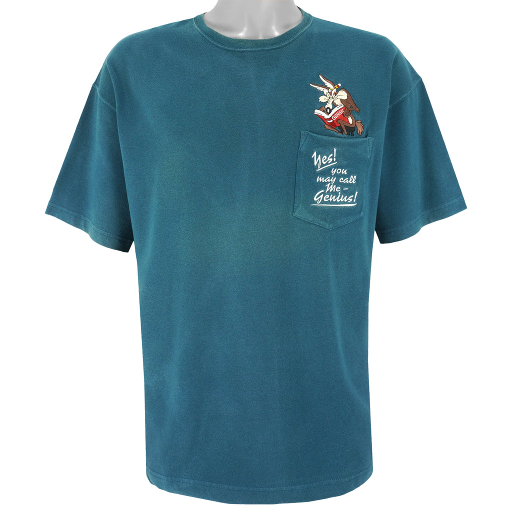 Looney Tunes - Wile E Coyote Genius Embroidered T-Shirt 1990s Large Vintage Retro