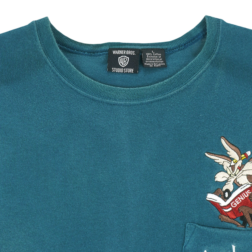 Looney Tunes - Wile E Coyote Genius Embroidered T-Shirt 1990s Large Vintage Retro