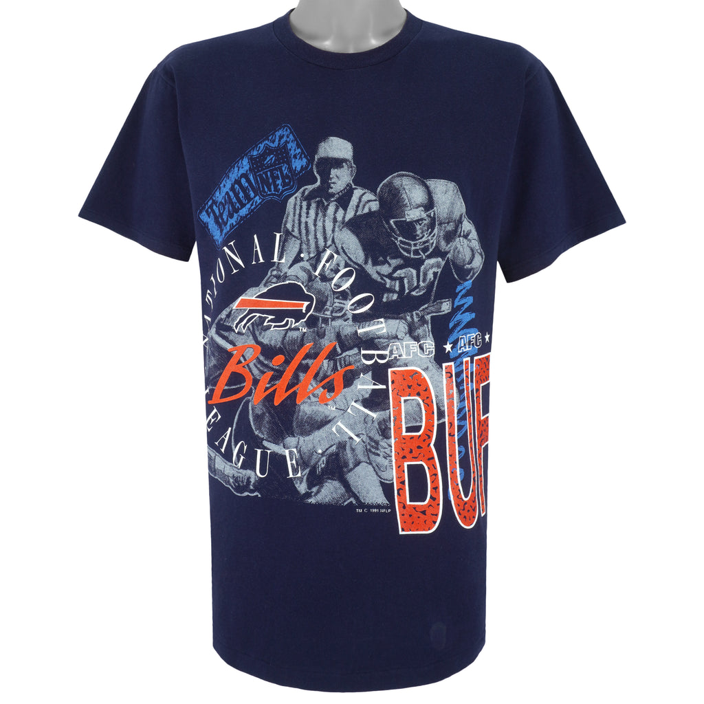 NFL (Logo 7) - Buffalo Bills Football Single Stitch T-Shirt 1991 Large Vintage Retro Football
