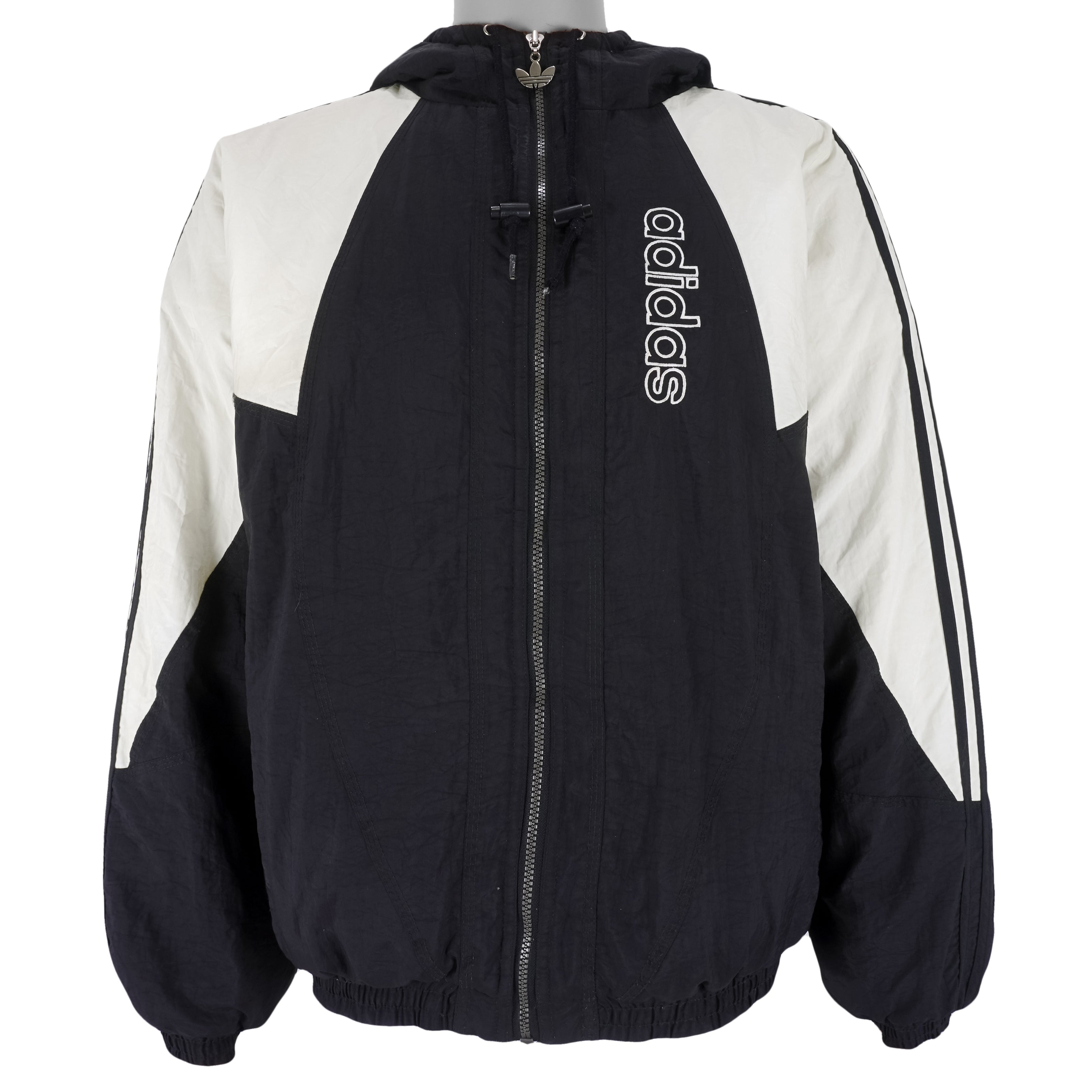 Adidas - Black & White Big Logo Hooded Windbreaker 1990s Large Vintage Retro