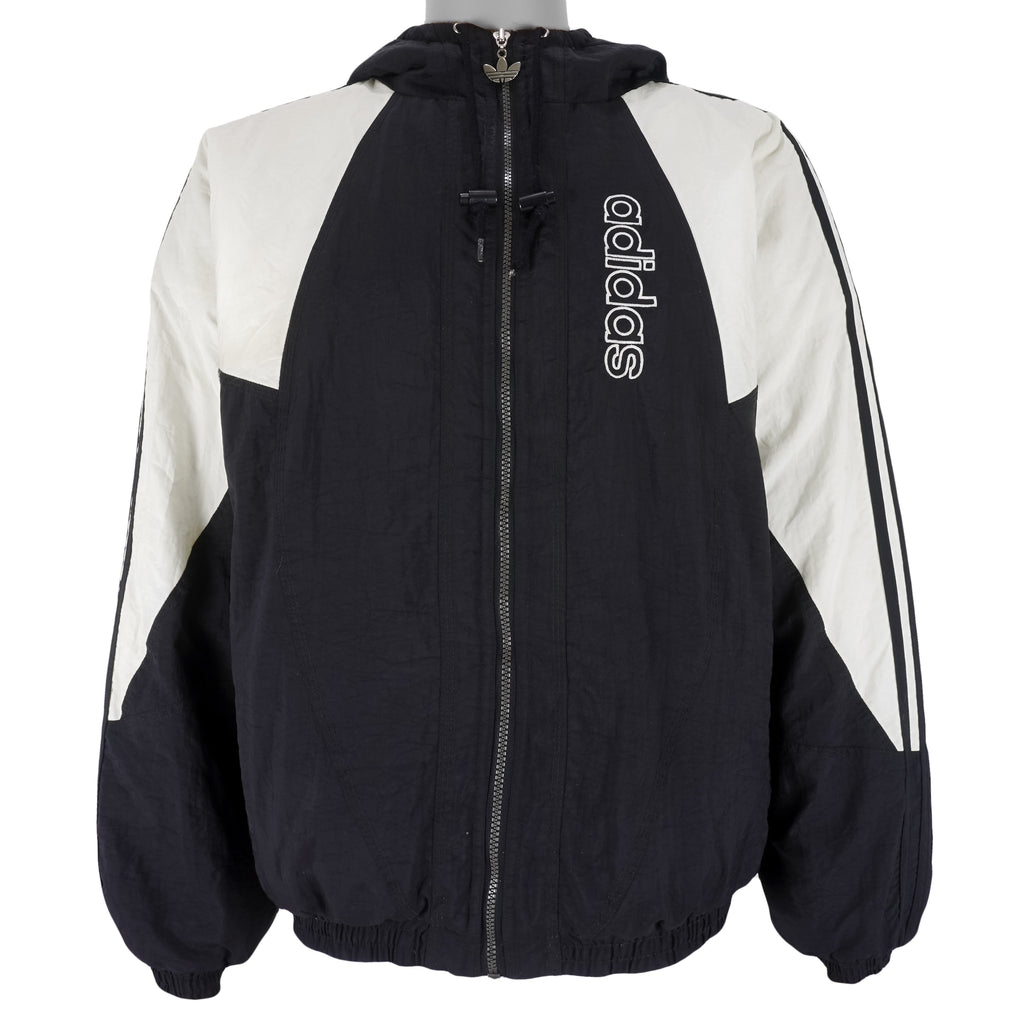 Adidas - Black & White Big Logo Hooded Windbreaker 1990s Large Vintage Retro