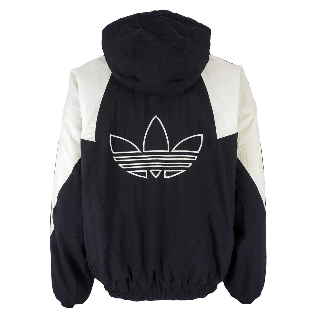 Adidas - Black & White Big Logo Hooded Windbreaker 1990s Large Vintage Retro