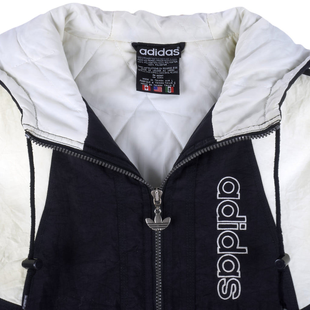 Adidas - Black & White Big Logo Hooded Windbreaker 1990s Large Vintage Retro