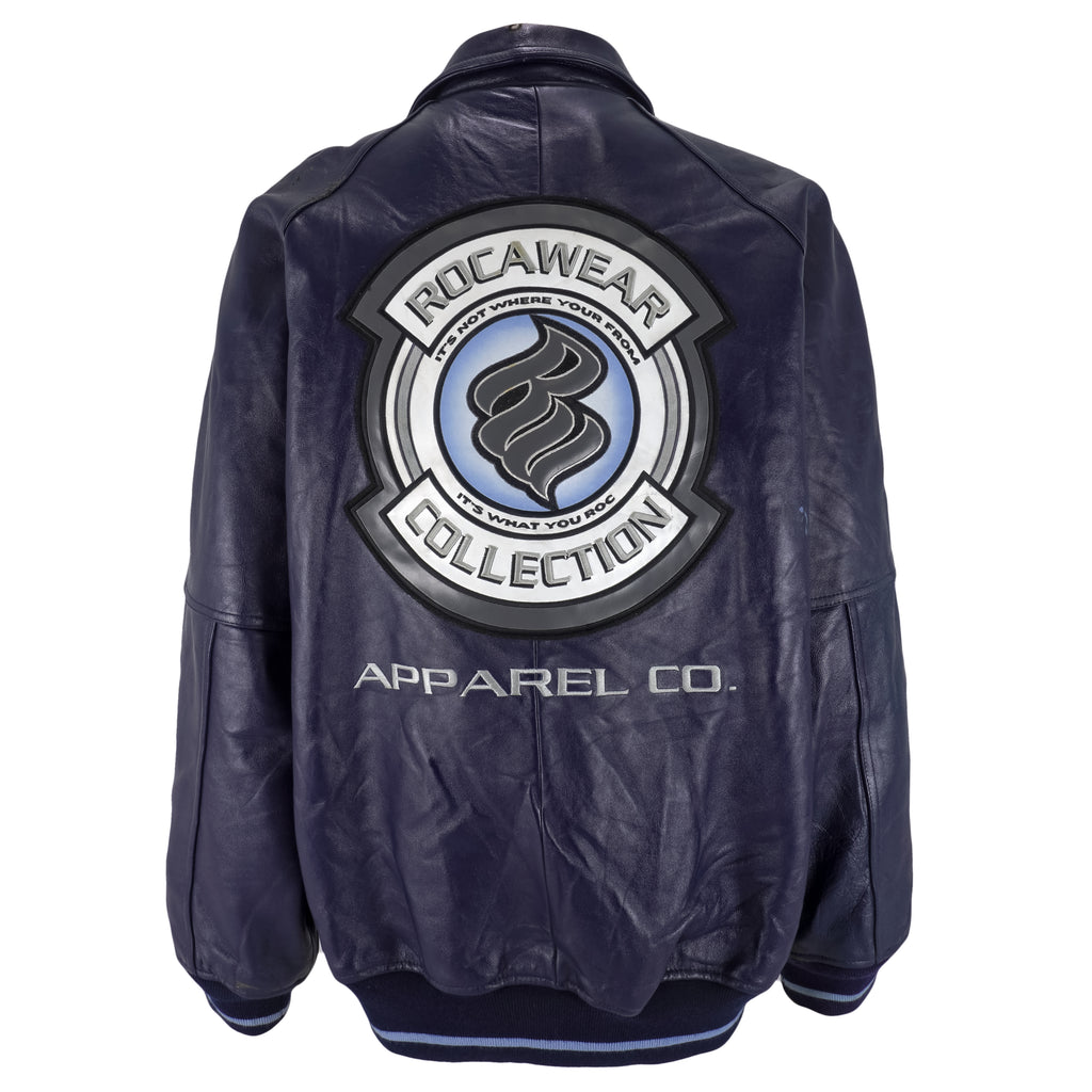 Rocawear - Blue Spell-Out Zip-Up Leather Jacket 1999 XX-Large Vintage Retro