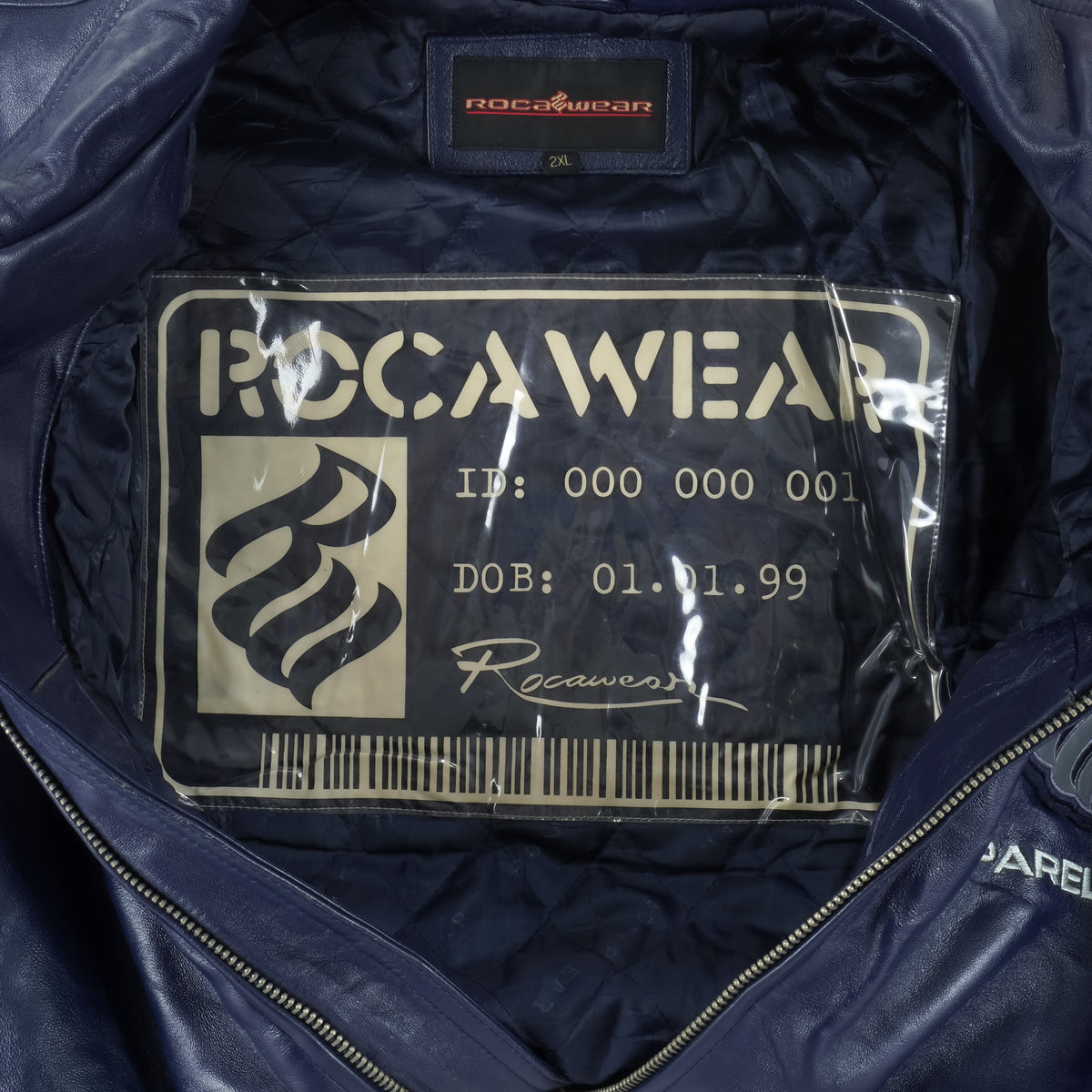 Rocawear - Blue Spell-Out Zip-Up Leather Jacket 1999 XX-Large Vintage Retro