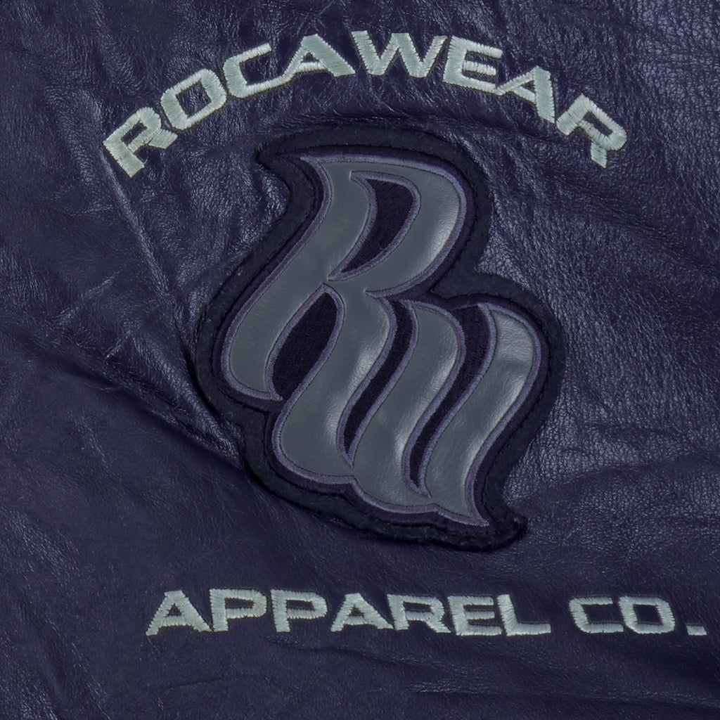 Rocawear - Blue Spell-Out Zip-Up Leather Jacket 1999 XX-Large Vintage Retro