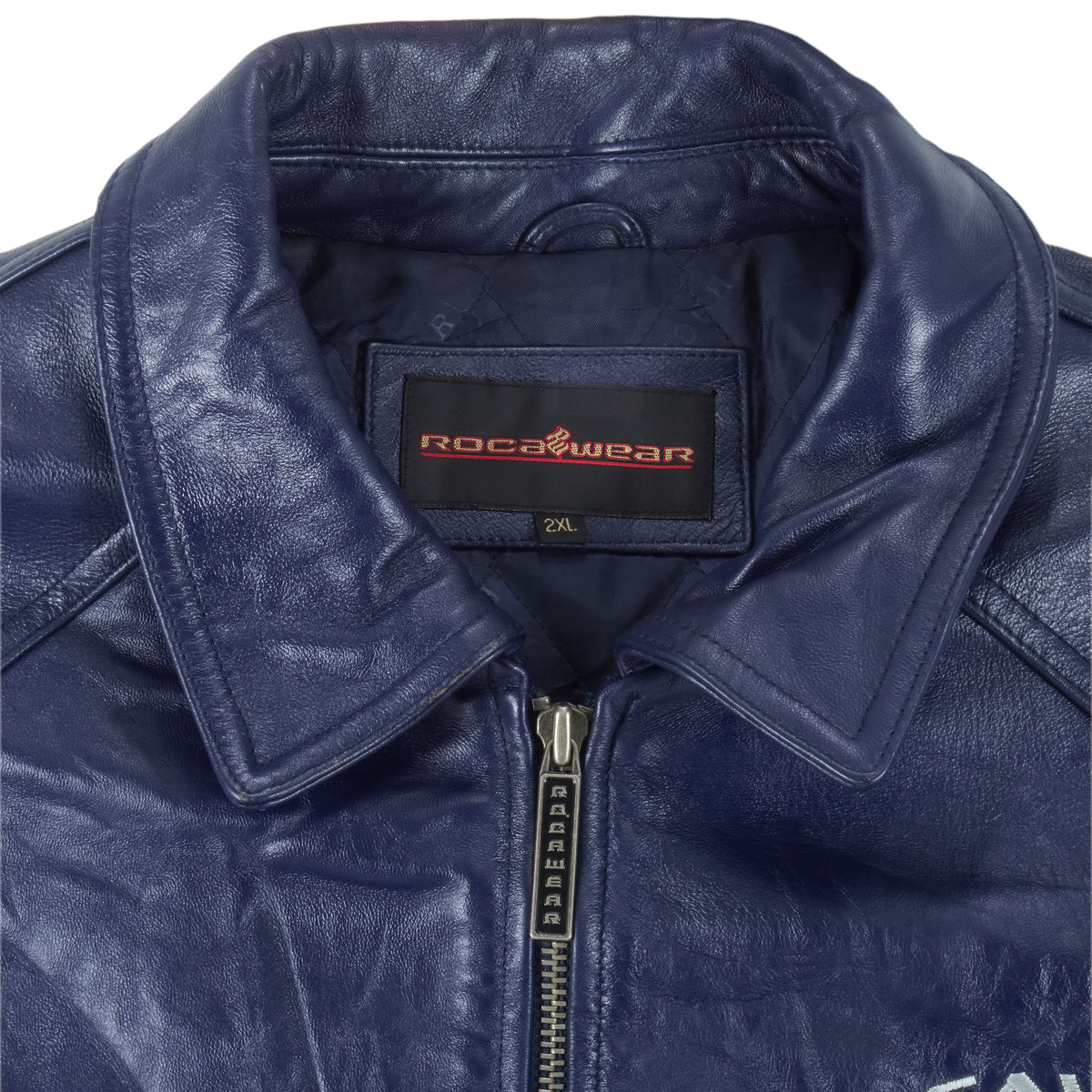 Rocawear - Blue Spell-Out Zip-Up Leather Jacket 1999 XX-Large Vintage Retro