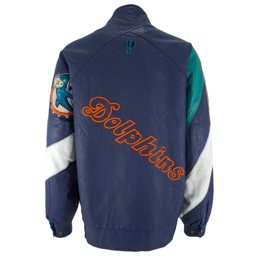 NFL (Pro Player) - Miami Dolphins Big Logo Leather Jacket 1990s X-Large Vintage Retro Football