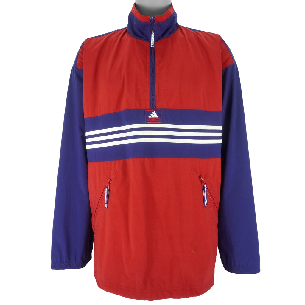 Adidas - Blue & Red 1/4 Zip Pullover Windbreaker 1990s X-Large Vintage Retro