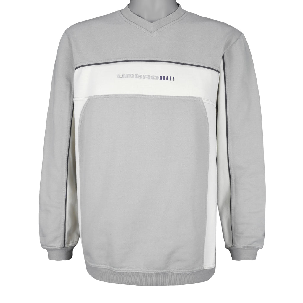 Umbro - Grey Embroidered V-Neck Sweatshirt 1990s Small Vintage Retro