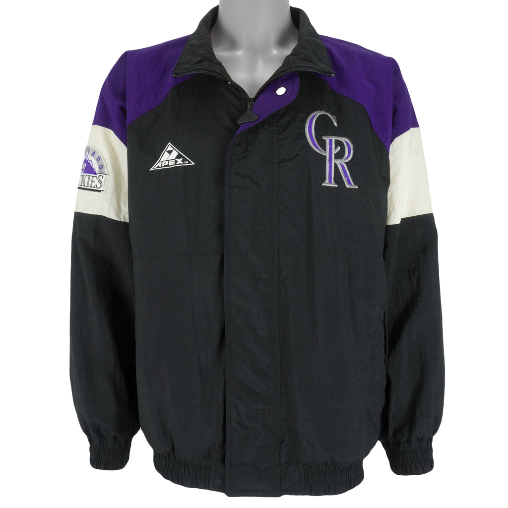 MLB (Apex One) - Black Colorado Rockies Spell-Out Jacket 1990s Large Vintage Retro Baseball