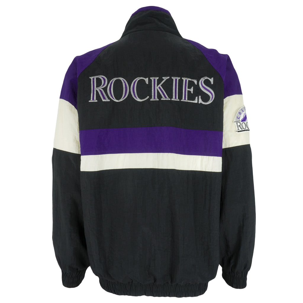 MLB (Apex One) - Black Colorado Rockies Spell-Out Jacket 1990s Large Vintage Retro Baseball