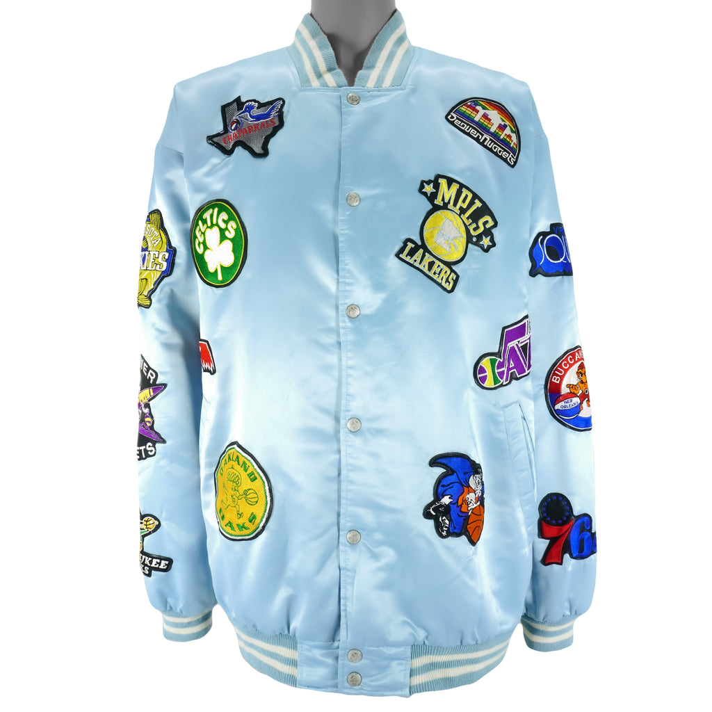 NBA (Jeff Hamilton) - Blue NBA Patches Button-Up Deadstock Satin Jacket 1990s XX-Large Vintage Retro Basketball