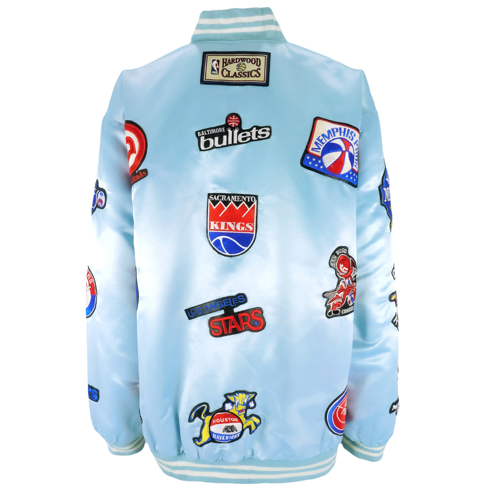 NBA (Jeff Hamilton) - Blue NBA Patches Button-Up Deadstock Satin Jacket 1990s XX-Large Vintage Retro Basketball