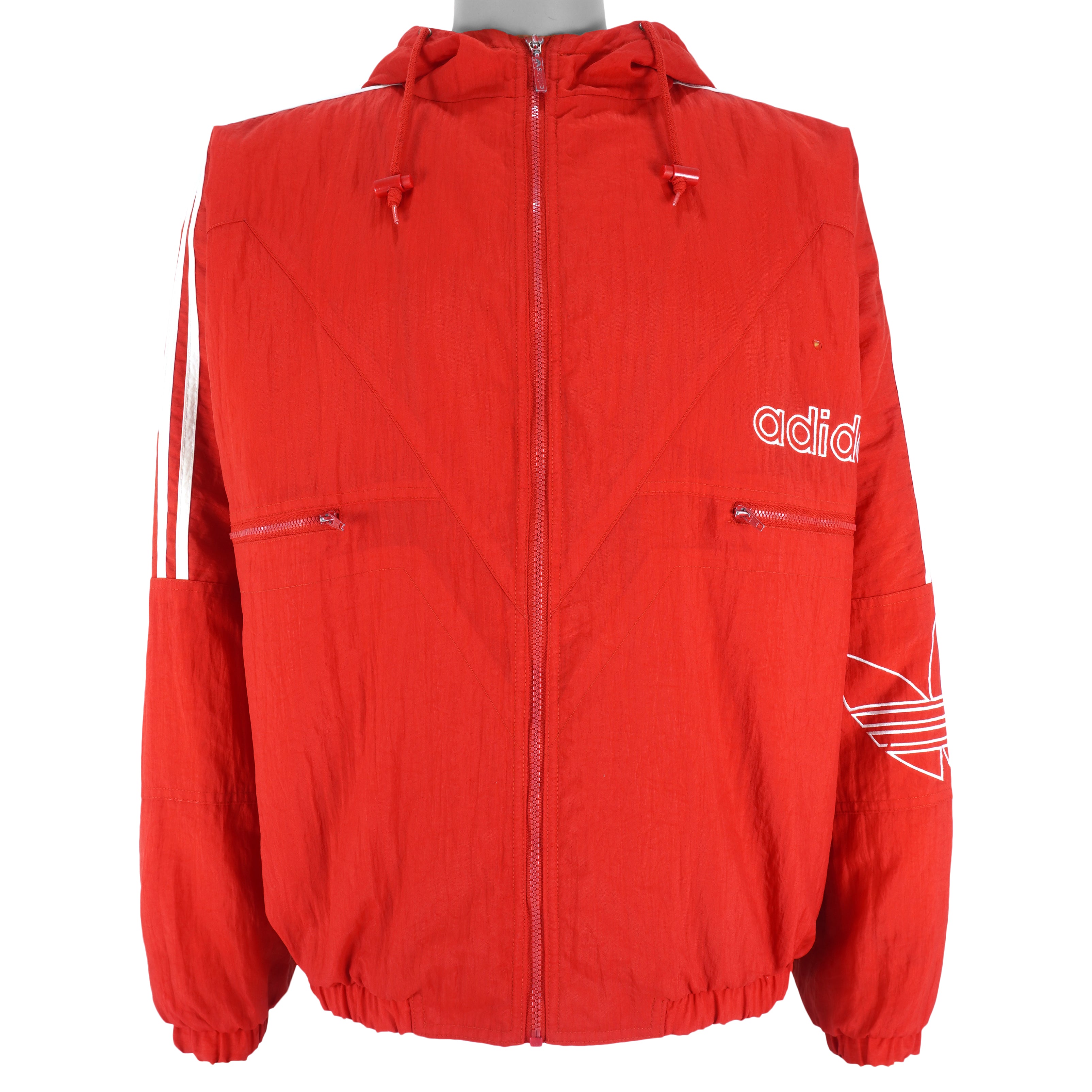 Adidas - Red Big Spell-Out Hooded Windbreaker 1990s Large Vintage Retro