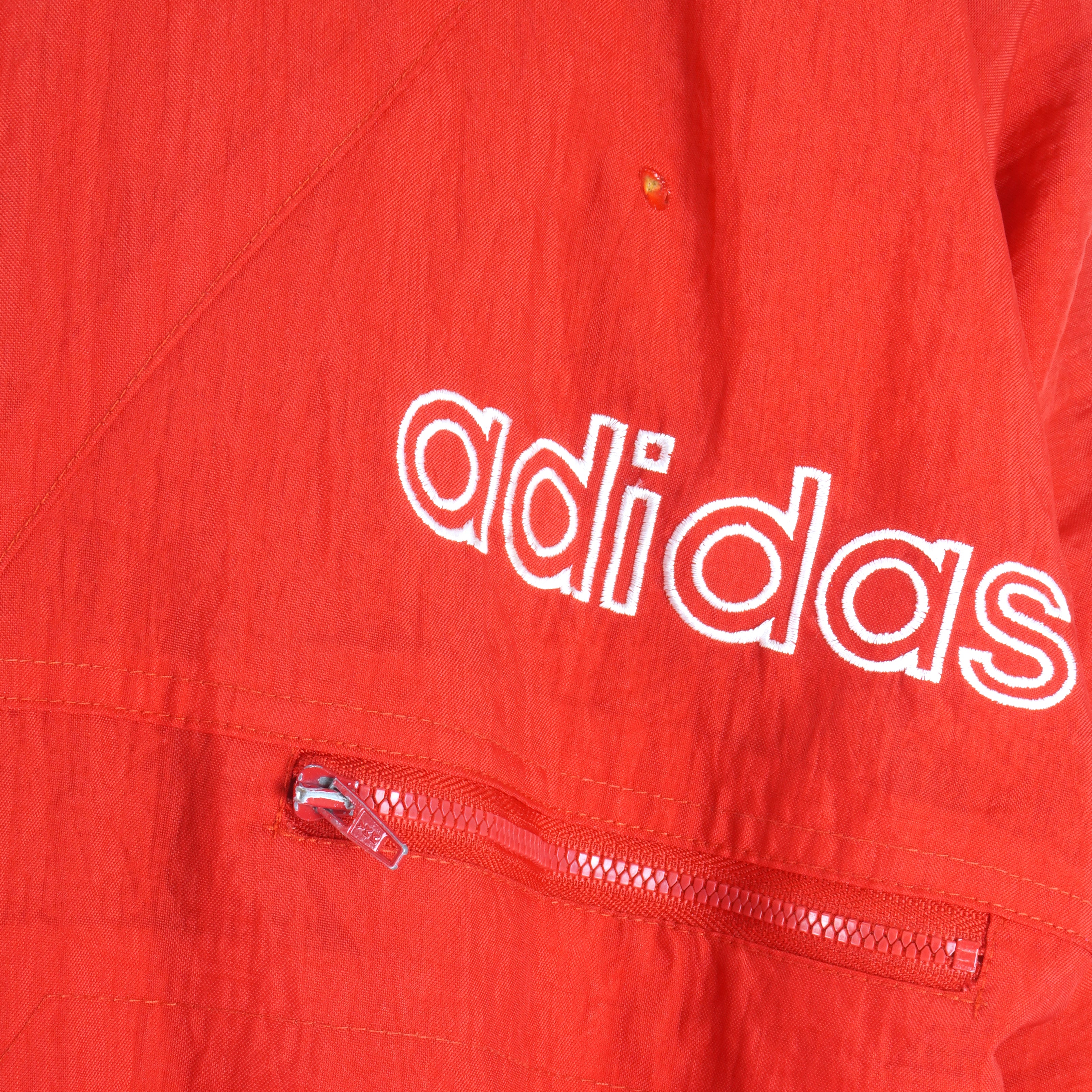 Adidas - Red Big Spell-Out Hooded Windbreaker 1990s Large Vintage Retro