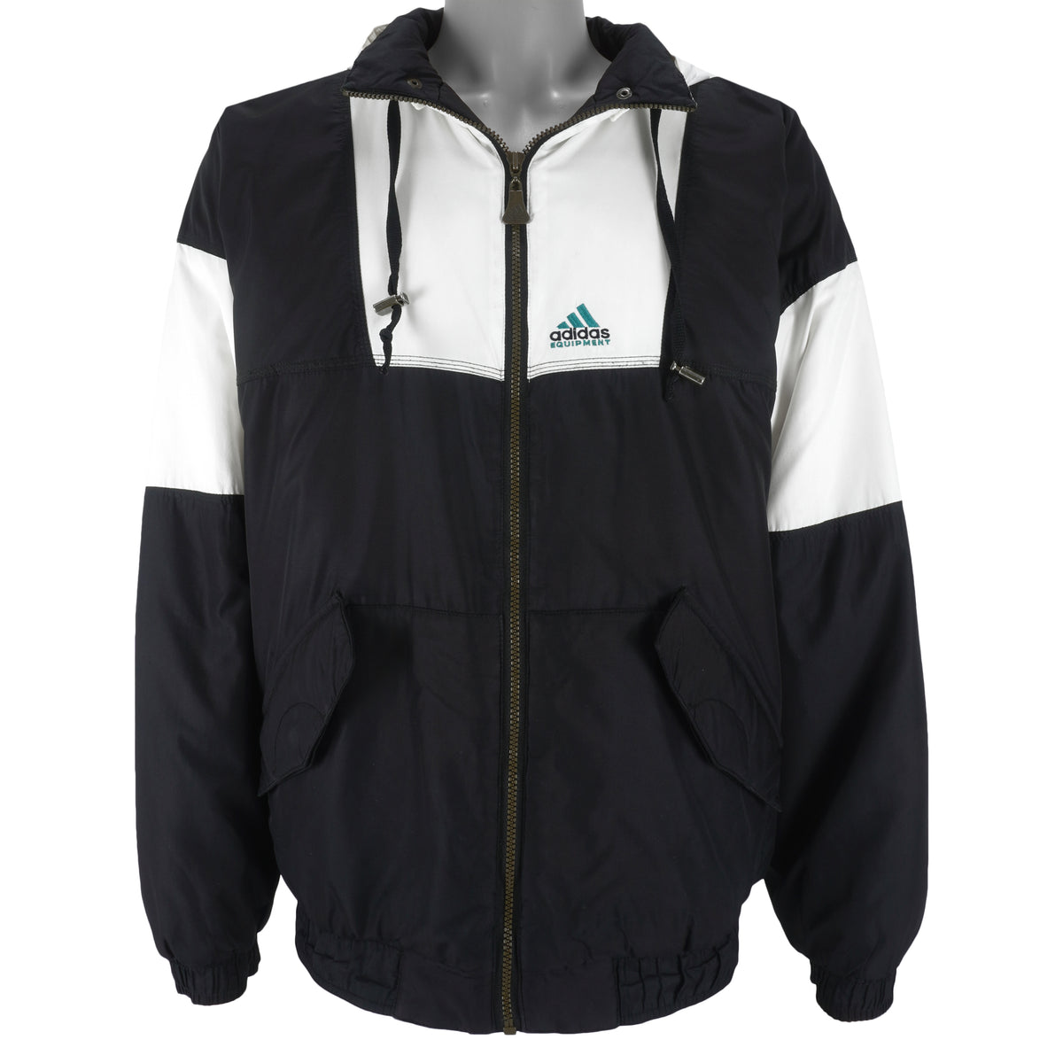 Adidas - Big Logo Embroidered Hooded Jacket 1990s Large Vintage Retro