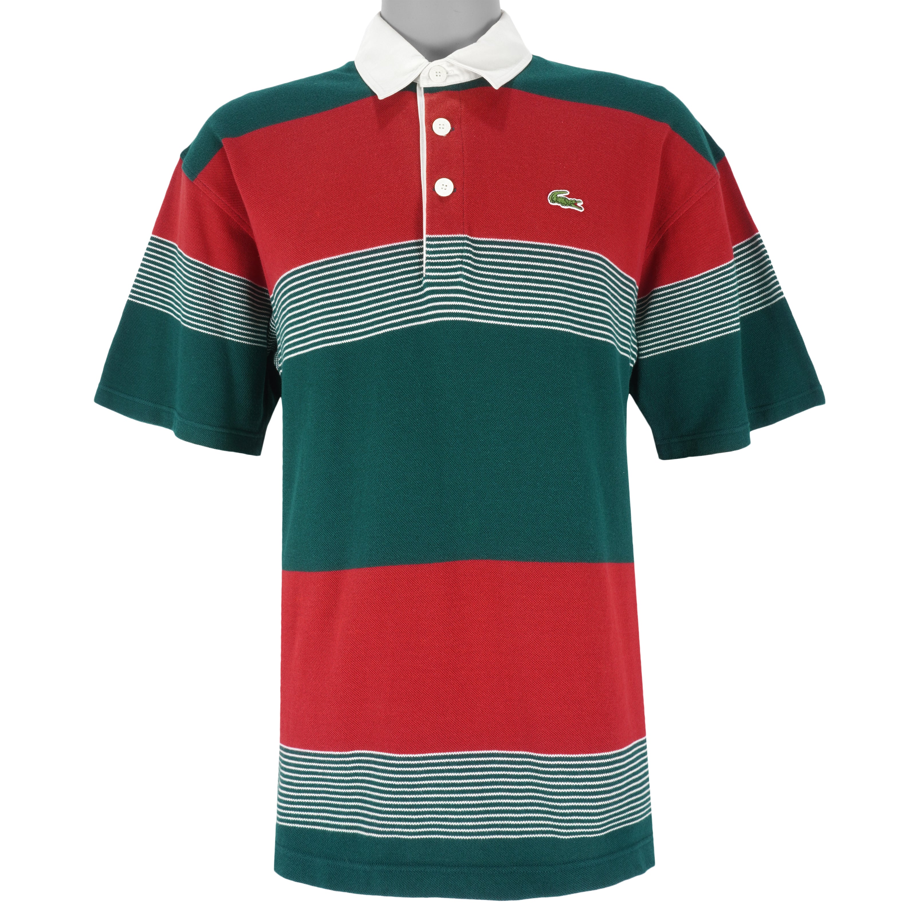 Lacoste - Green & Red 1/4 Button Polo T-Shirt Medium Vintage Retro