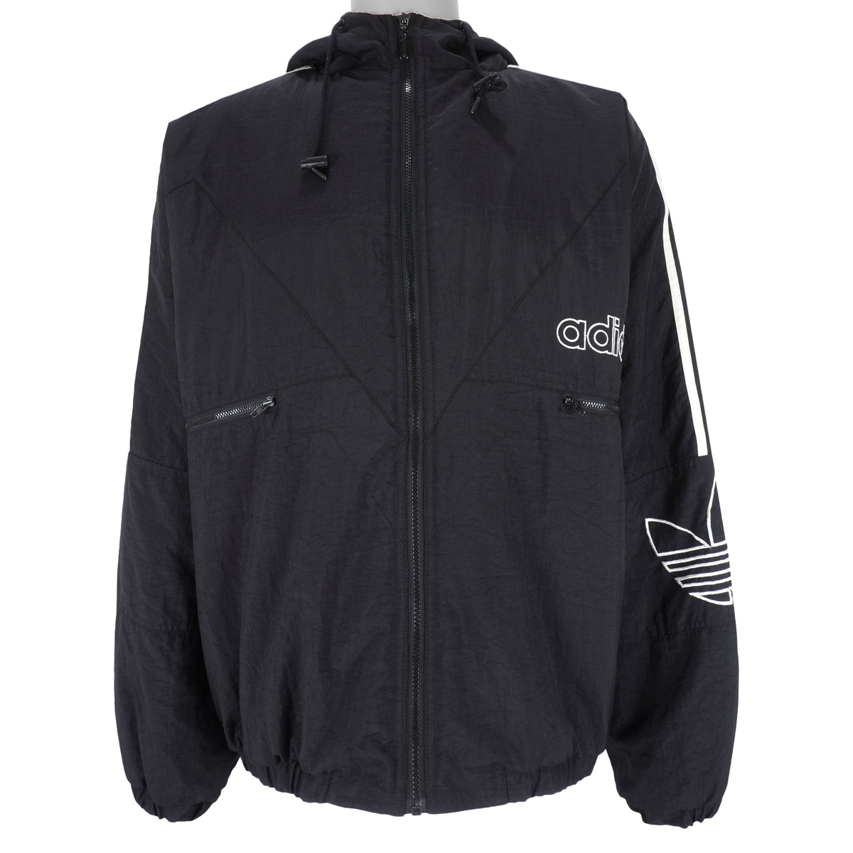 Adidas - Black Zip-Up Hooded Jacket 1990s X-Large Vintage Retro