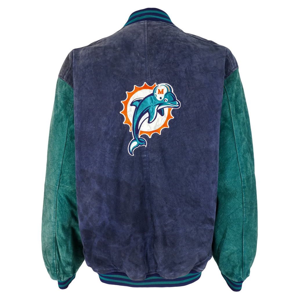 NFL (Pro Player) - Miami Dolphins Zip-Up Leather Jacket 1990s Large Vintage Retro Football