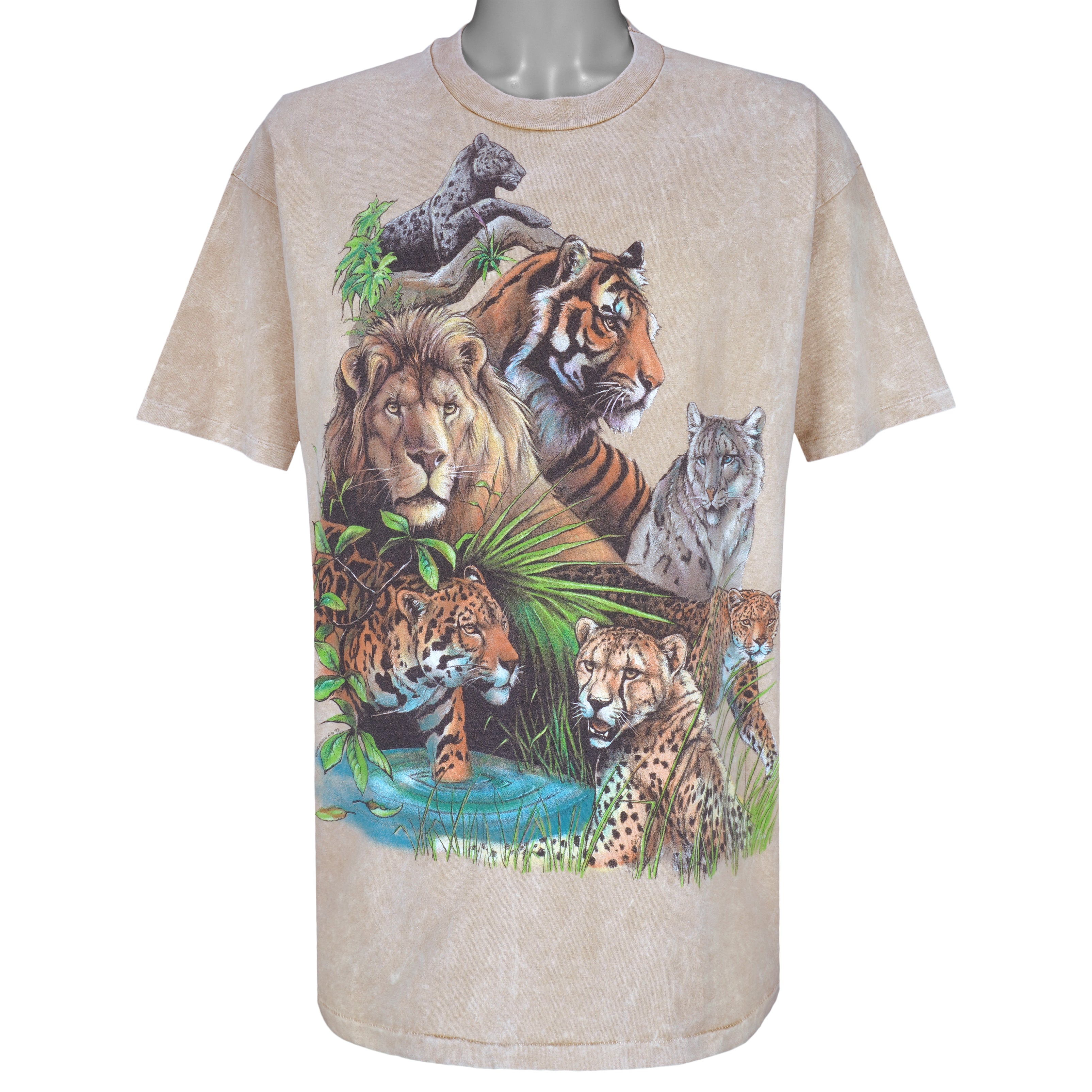 Vintage (Hanes) - Beige Cats and The World T-Shirt 1990s Large Vintage Retro