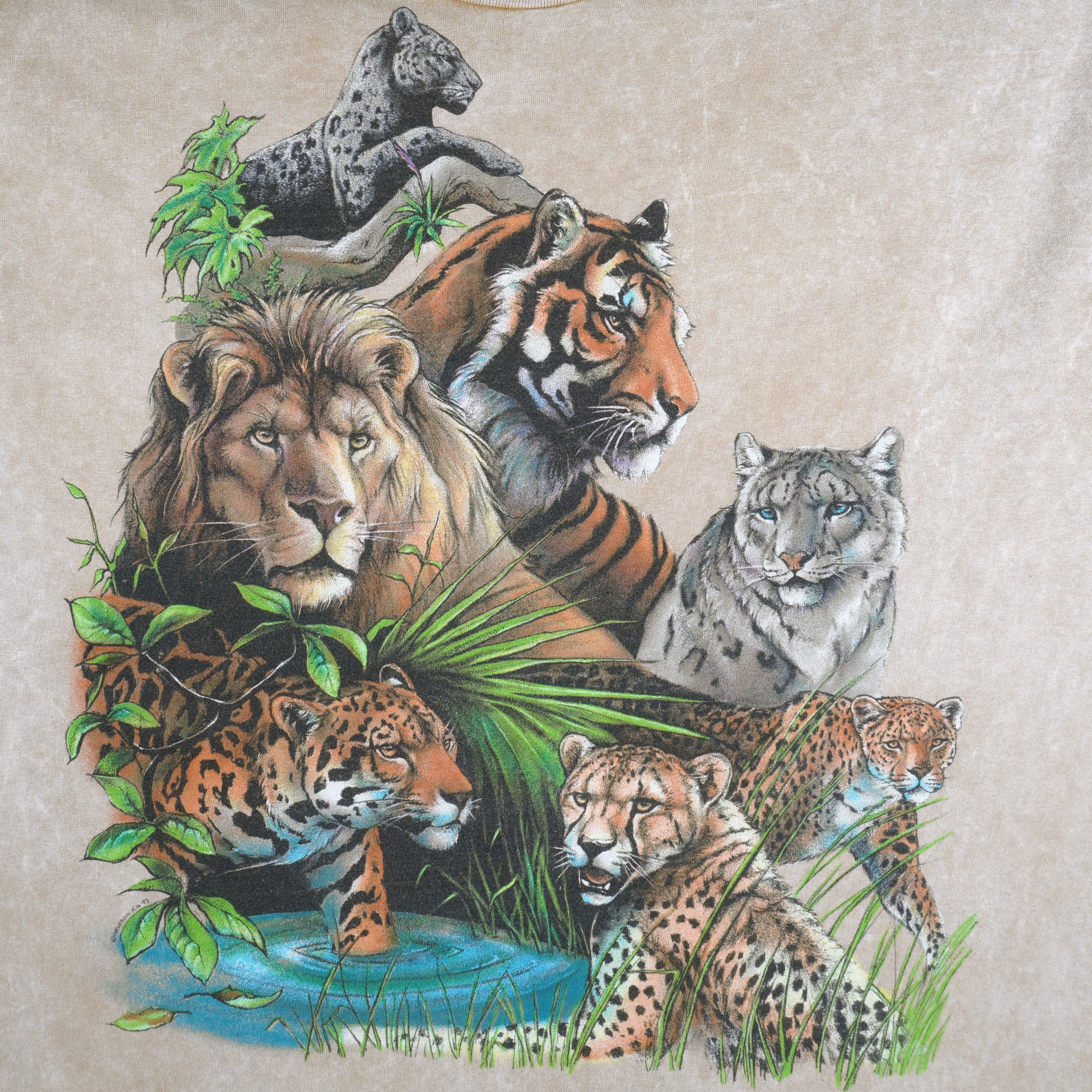 Vintage (Hanes) - Beige Cats and The World T-Shirt 1990s Large Vintage Retro