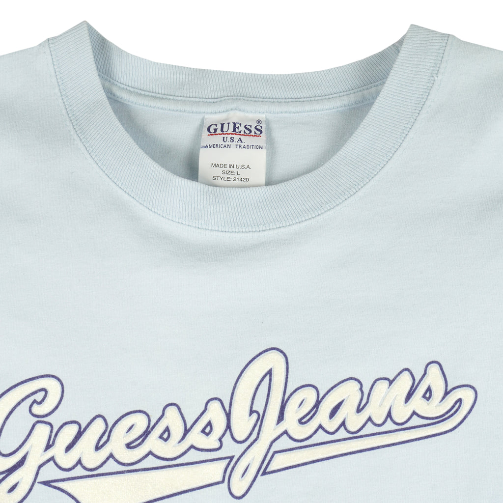 Guess - Blue Spell-Out T-Shirt 1990s Large Vintag Retro