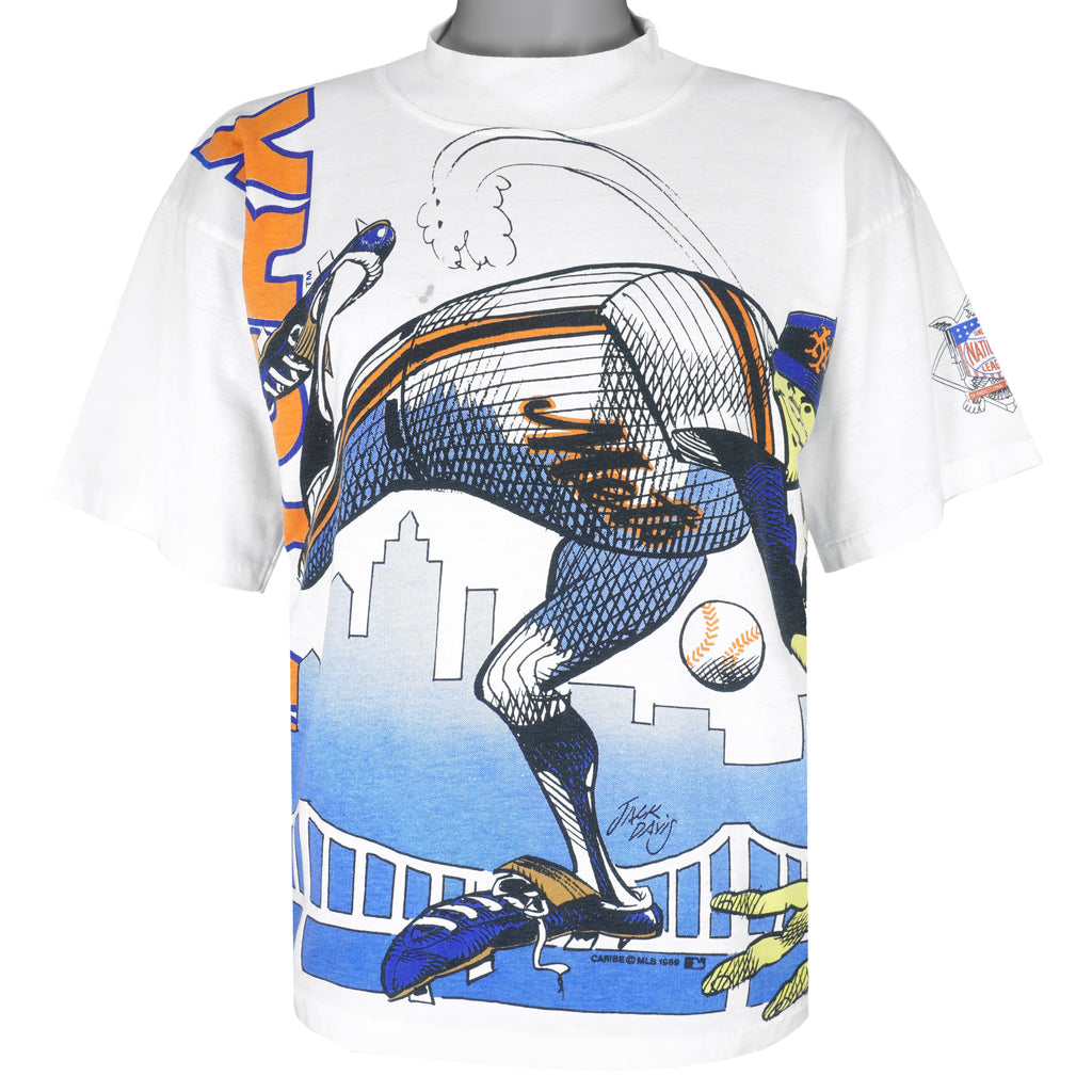 MLB (Caribe) - New York Mets Spell-Out T-Shirt 1989 Large Vintage Retro Baseball