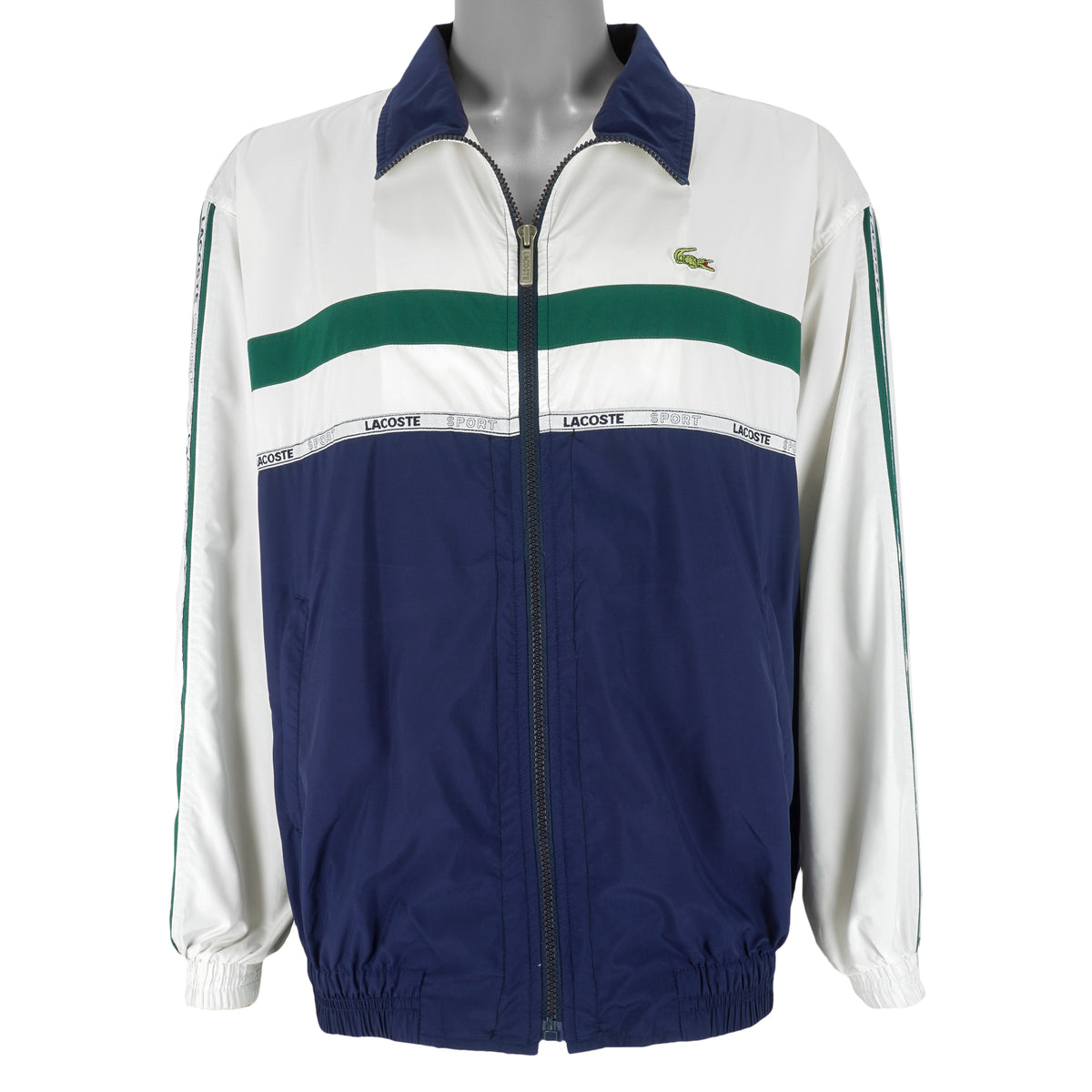 Lacoste - White & Blue Taped-Logo Zip-Up Jacket X-Large Vintage Retro