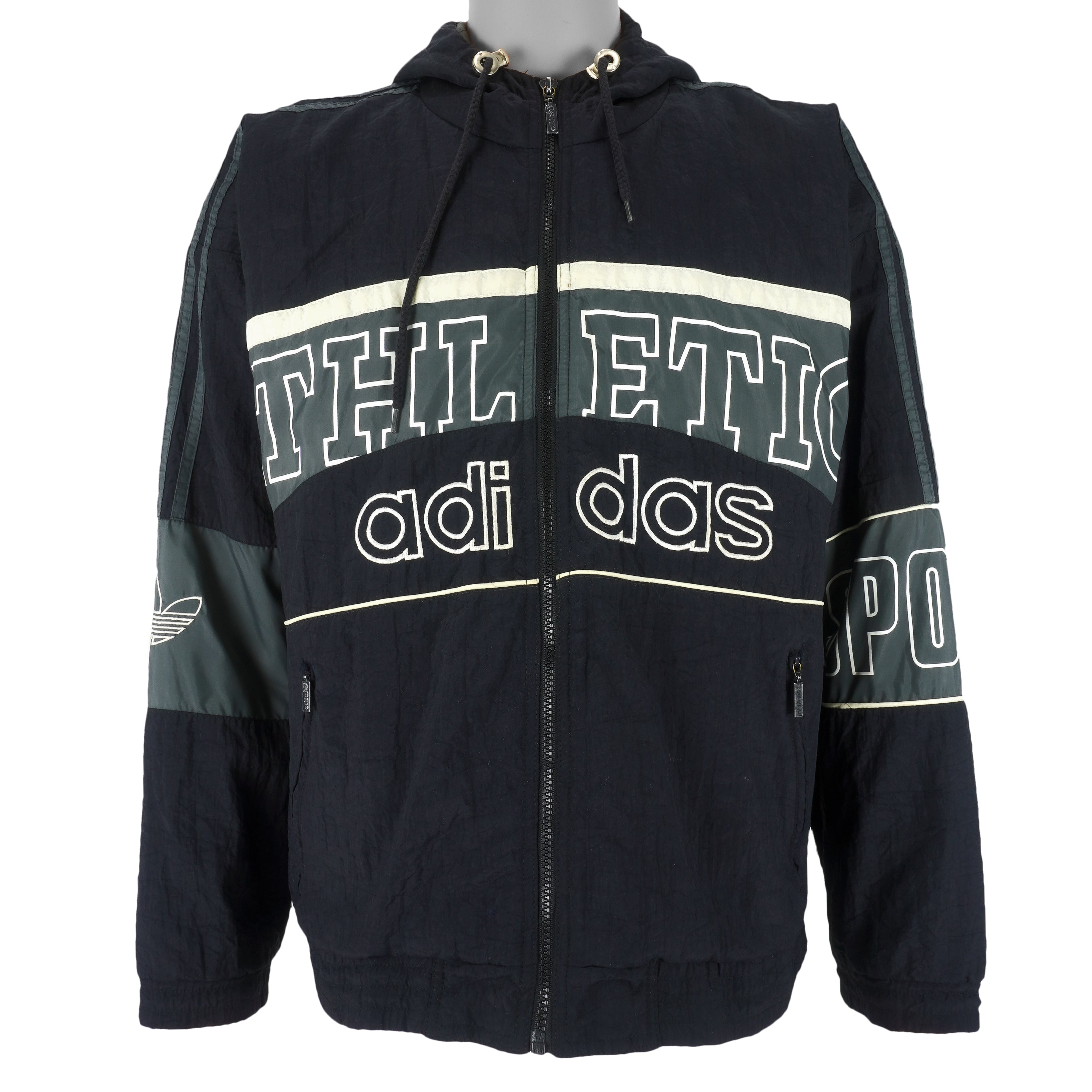 Adidas - Black Athletic Hooded Jacket 1990s Small Vintage Retro