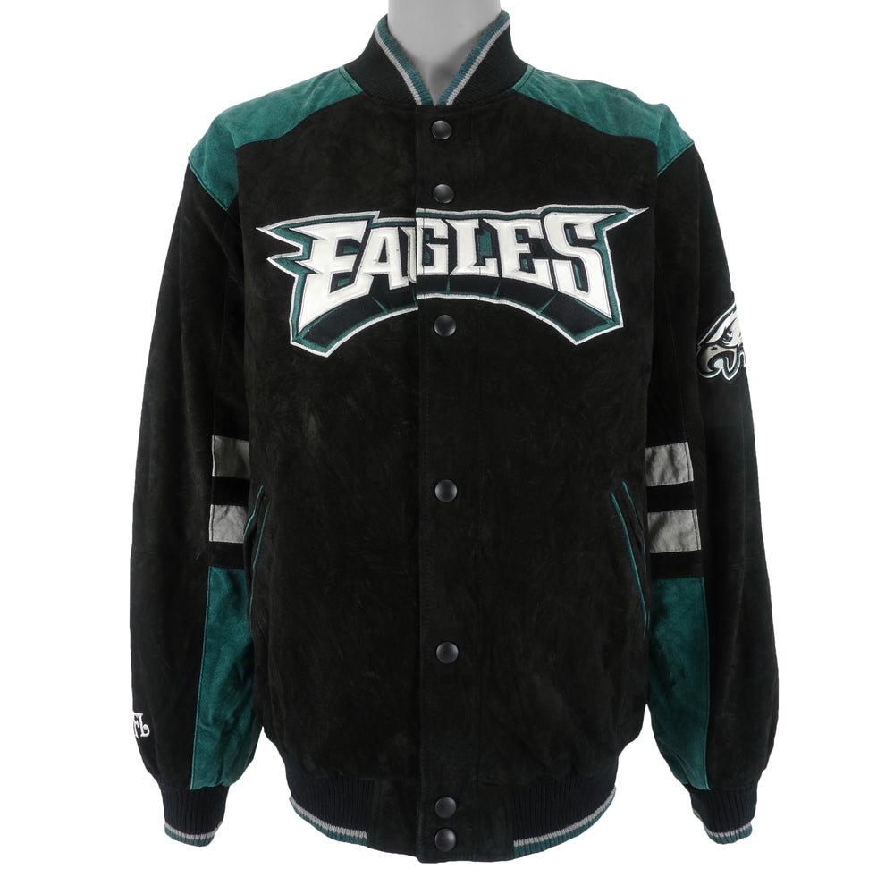 NFL - Philadelphia Eagles Zip & Button-Up Leather Jacket 1990s Large Vintage Retro Football