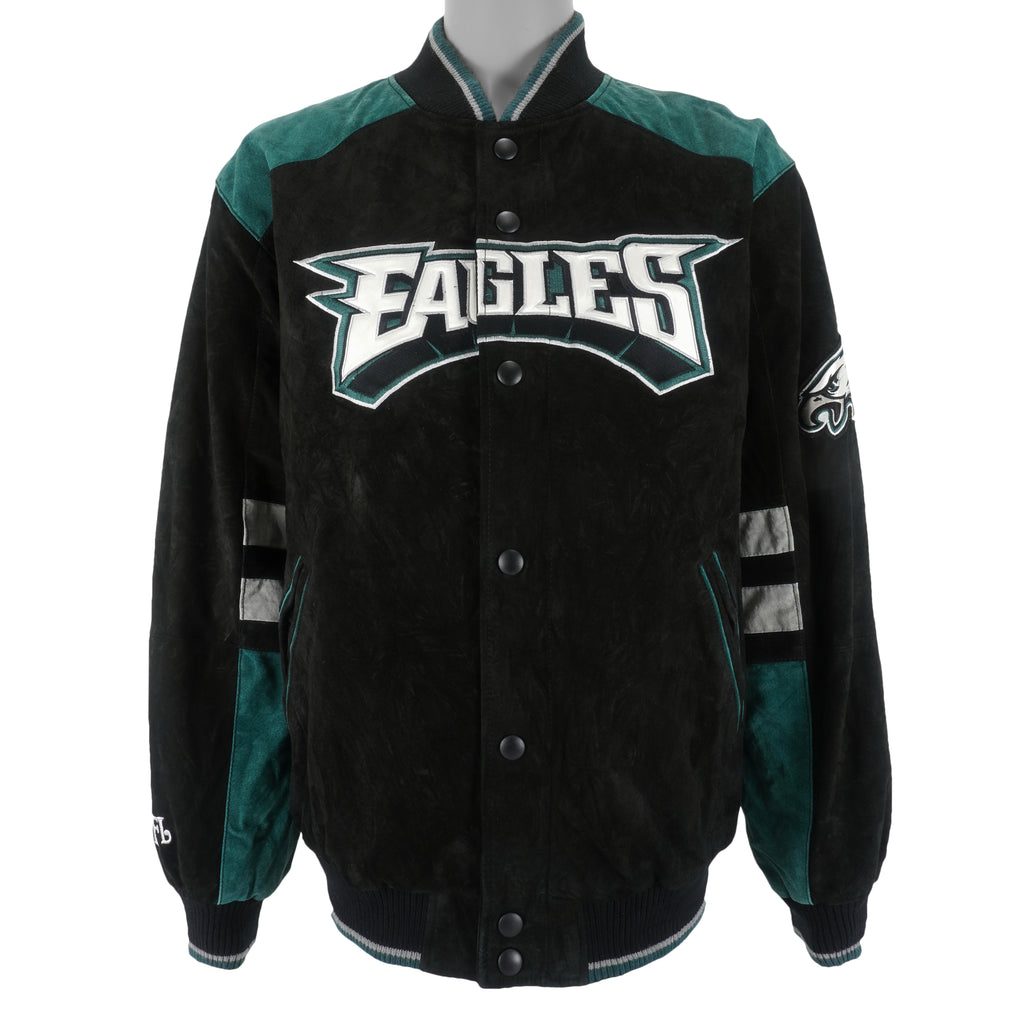 NFL - Philadelphia Eagles Zip & Button-Up Leather Jacket 1990s Large Vintage Retro Football