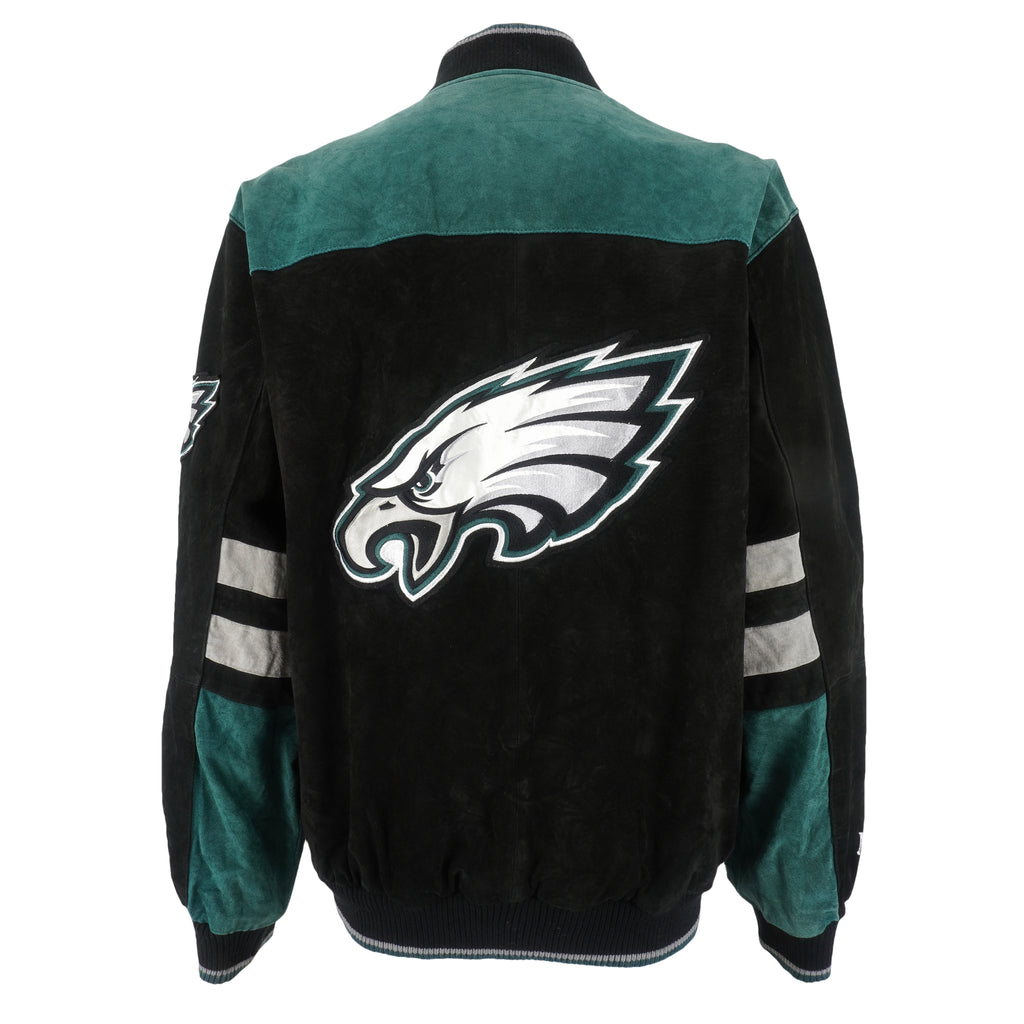 NFL - Philadelphia Eagles Zip & Button-Up Leather Jacket 1990s Large Vintage Retro Football