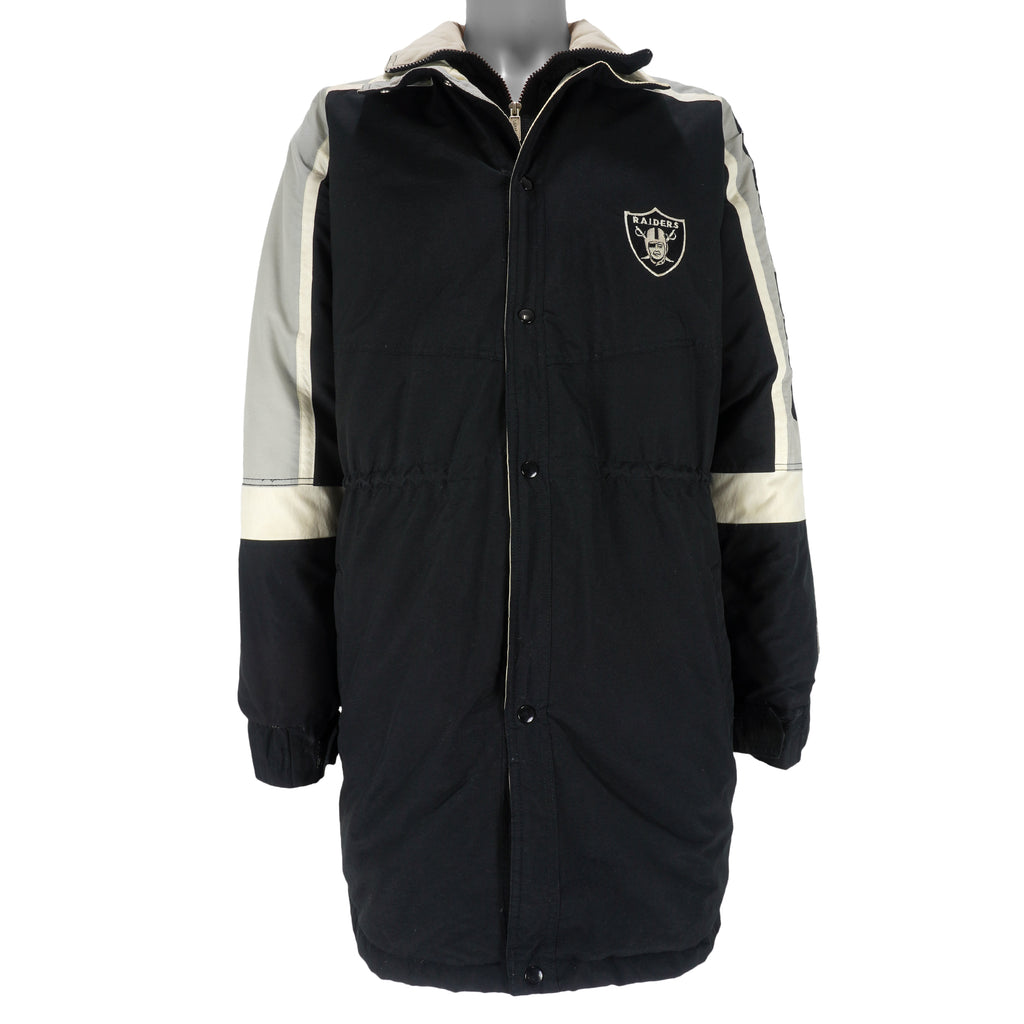 Starter - Oakland Raiders Spell-Out Long Jacket 1990s Large Vintage Retro