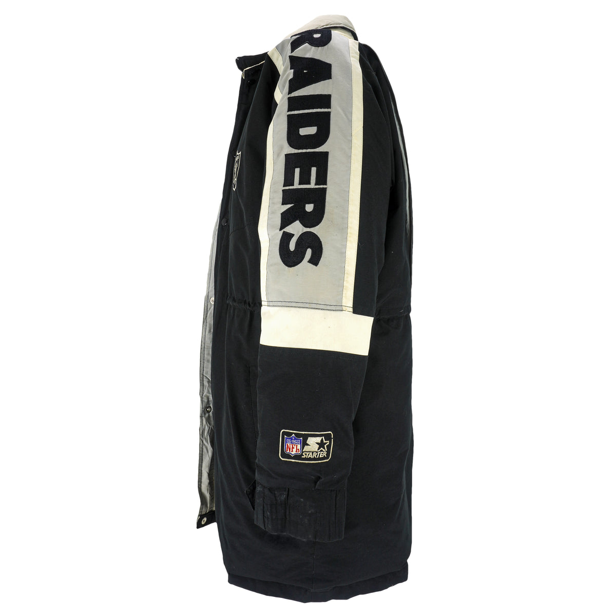 Starter - Oakland Raiders Spell-Out Long Jacket 1990s Large Vintage Retro
