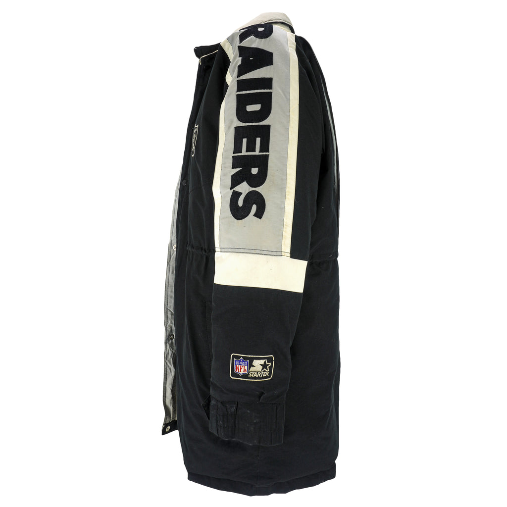 Starter - Oakland Raiders Spell-Out Long Jacket 1990s Large Vintage Retro