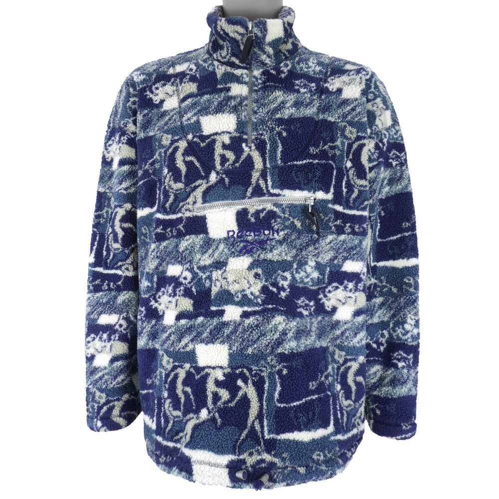Reebok - Blue Patterned 1/4 Zip Fleece Sweatshirt 1990s Large Vintage Retro