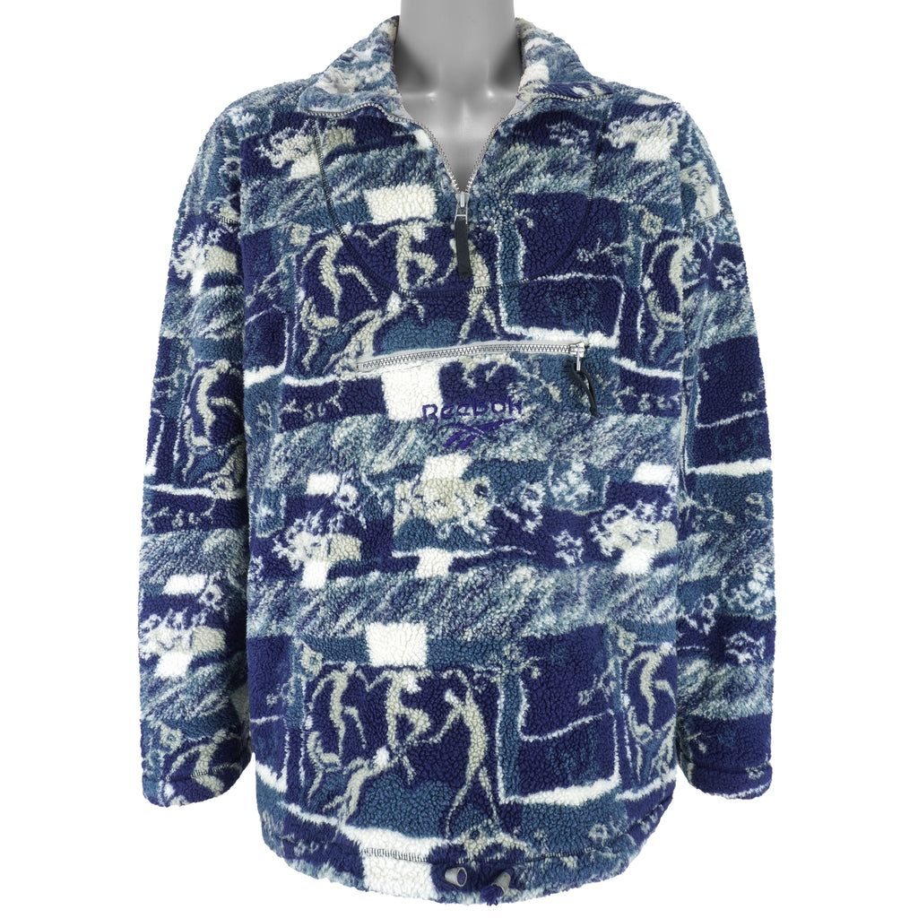 Reebok - Blue Patterned 1/4 Zip Fleece Sweatshirt 1990s Large Vintage Retro