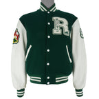 Vintage (Roots Canada) - Green and White Spell-Out Varsity Jacket 1990s Medium Vintage Retro