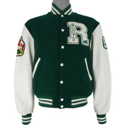 Vintage (Roots Canada) - Green and White Spell-Out Varsity Jacket 1990s Medium Vintage Retro