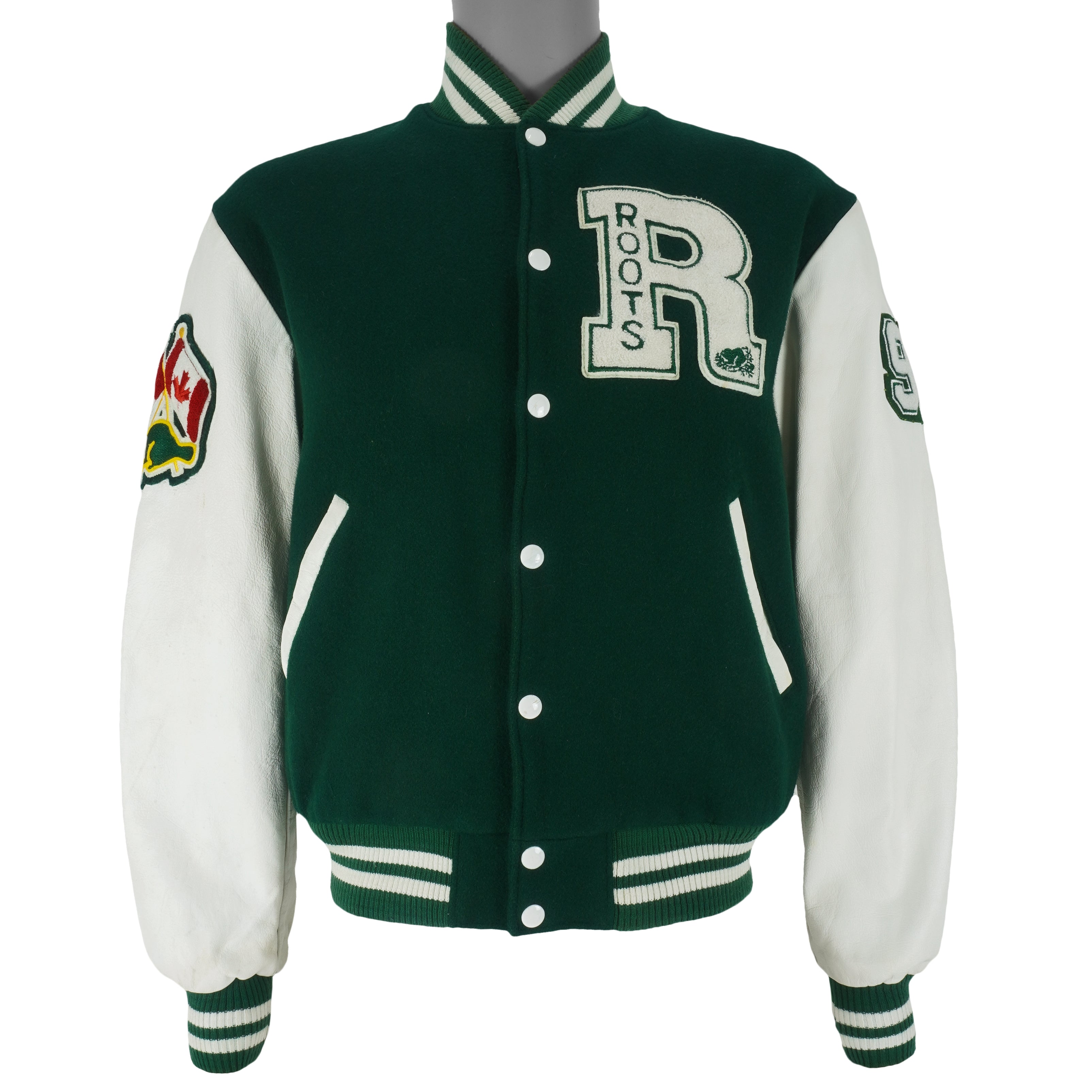 Vintage (Roots Canada) - Green and White Spell-Out Varsity Jacket 1990s Medium Vintage Retro