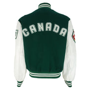 Vintage (Roots Canada) - Green and White Spell-Out Varsity Jacket 1990s Medium Vintage Retro