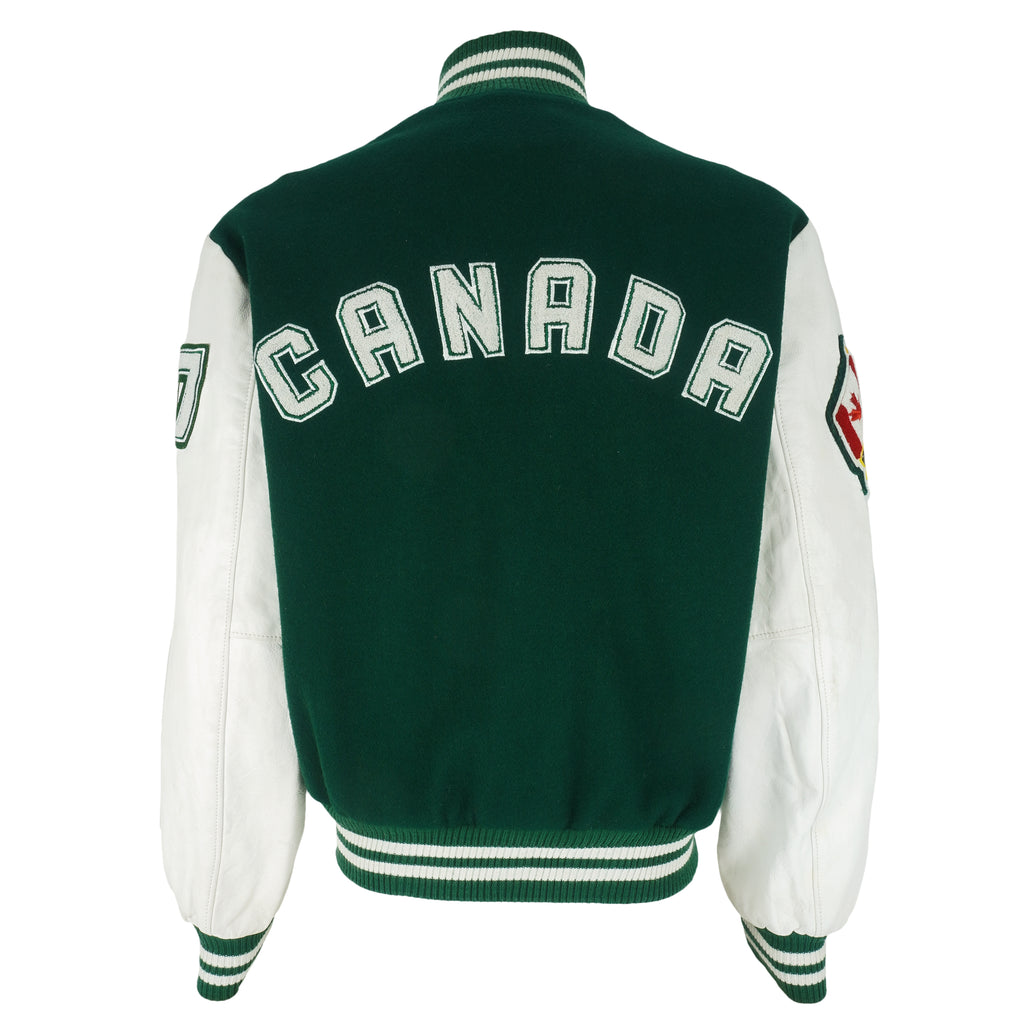Vintage (Roots Canada) - Green and White Spell-Out Varsity Jacket 1990s Medium Vintage Retro