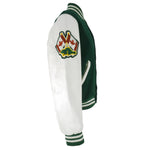 Vintage (Roots Canada) - Green and White Spell-Out Varsity Jacket 1990s Medium Vintage Retro